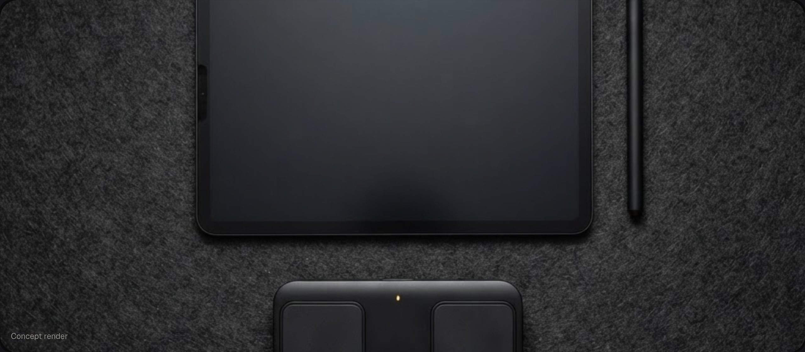 Concept render from above: Takt One, the pencil and the two-pad foot pedal laid out on dark felt.